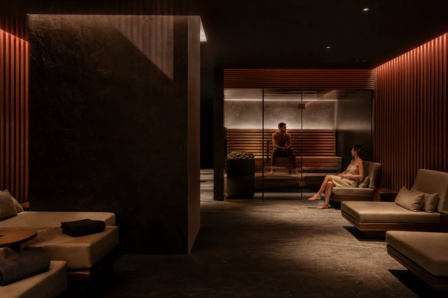Warm timber sauna and recovery lounge